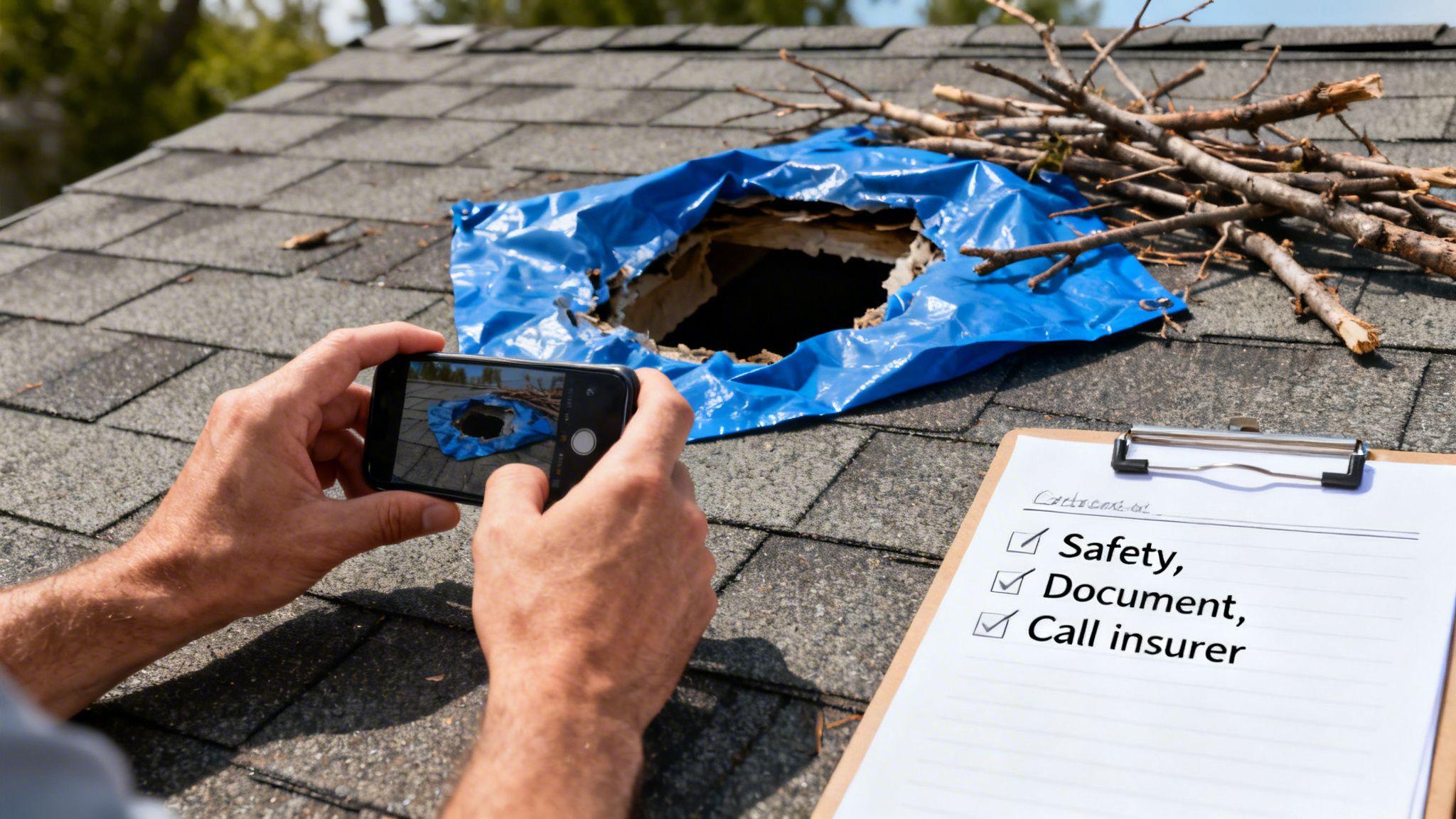 A person uses a smartphone to photograph a damaged roof with a blue tarp covering a hole, next to a checklist.