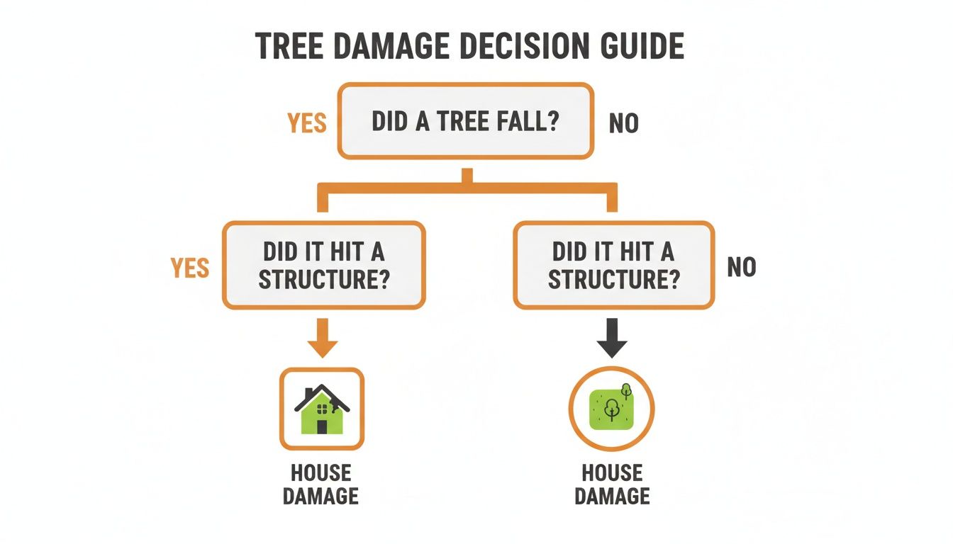 A flowchart outlining decisions for tree damage, asking if a tree fell and hit a structure, leading to house damage.