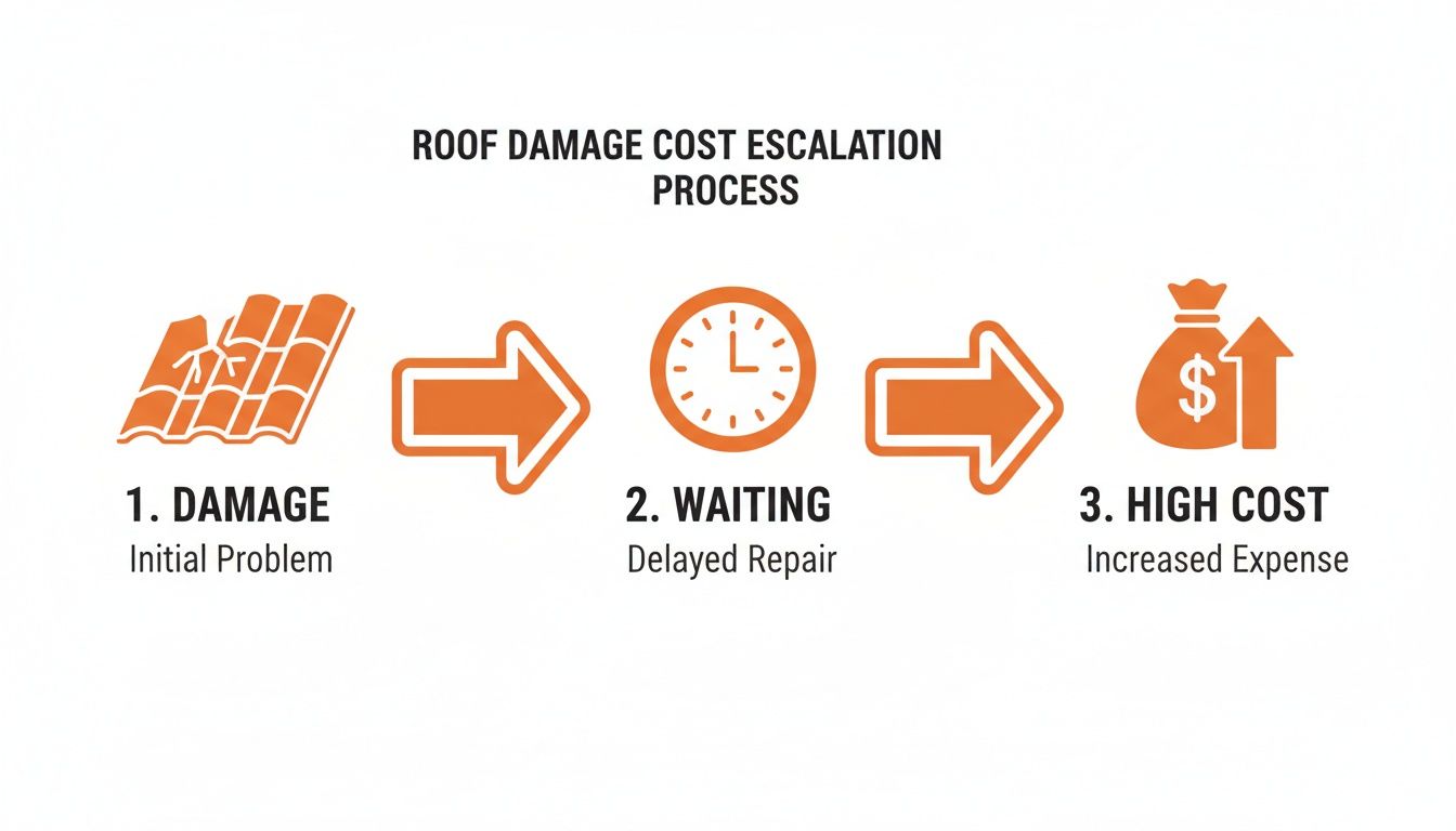 Infographic illustrates roof damage cost escalation: initial damage, waiting for repair, leading to increased expense.