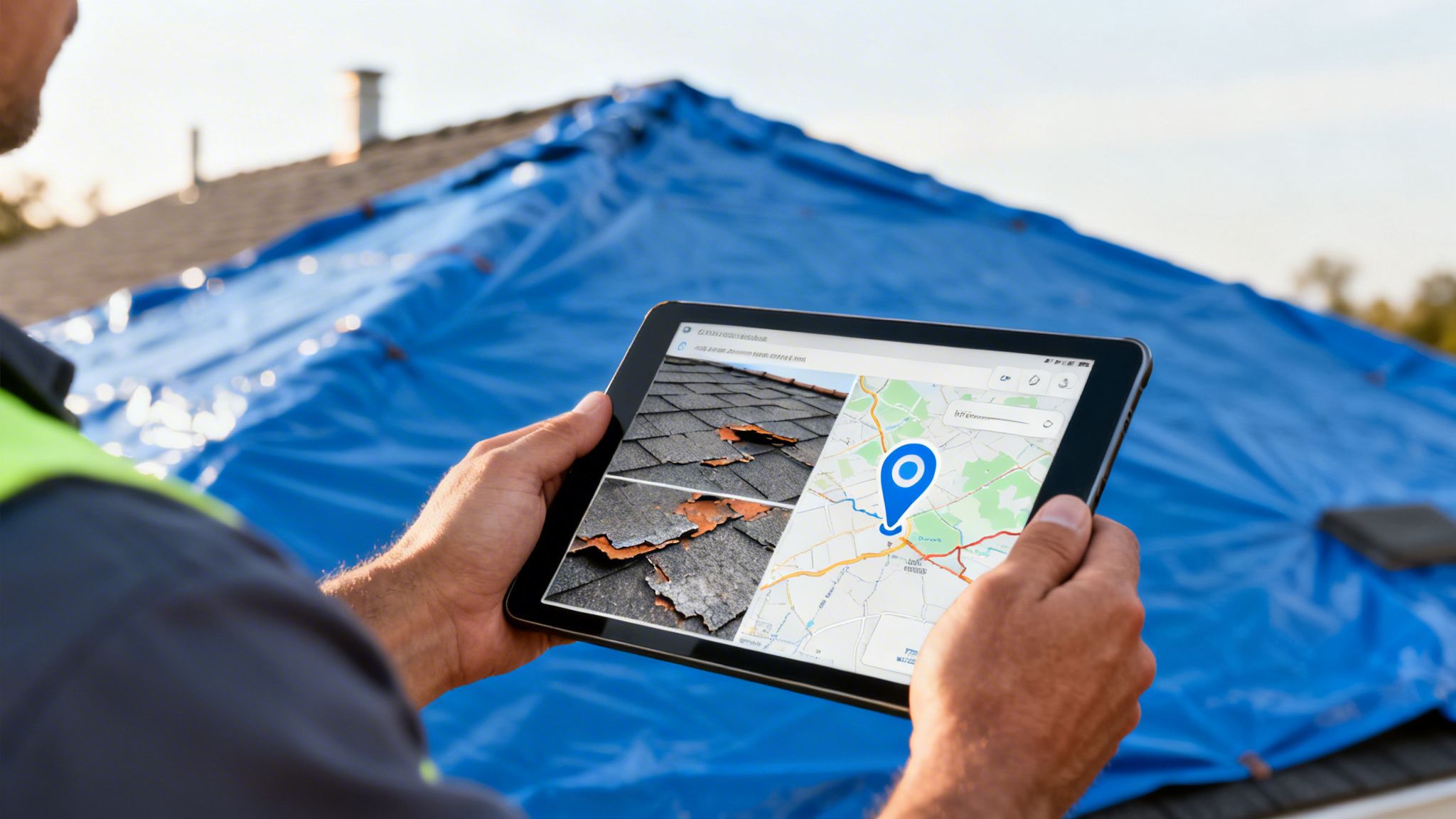 Roofer holding a tablet showing damaged roof images and a map, with a tarped roof in the background.