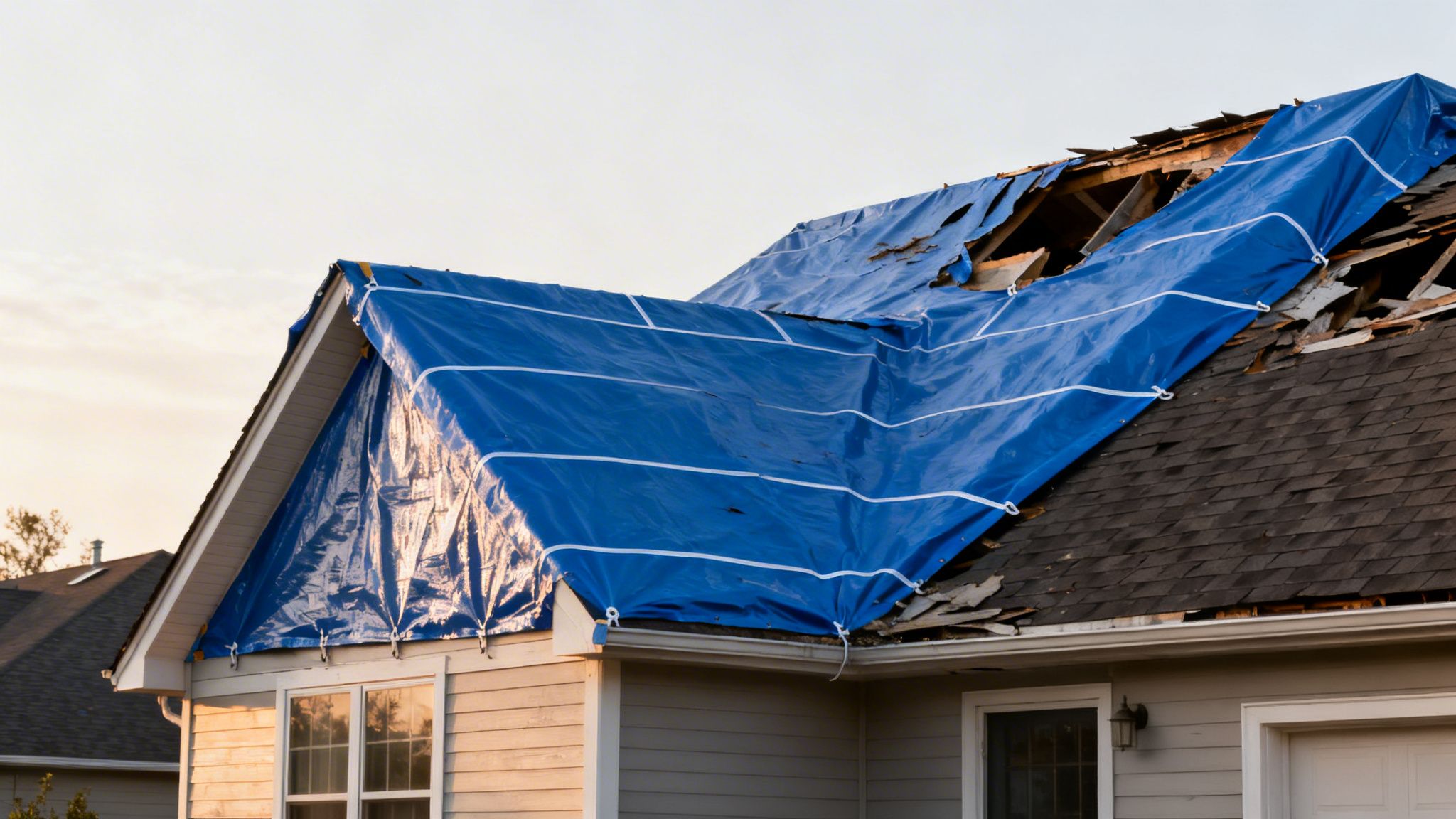 A house with a severely damaged roof covered by a large blue emergency tarp.