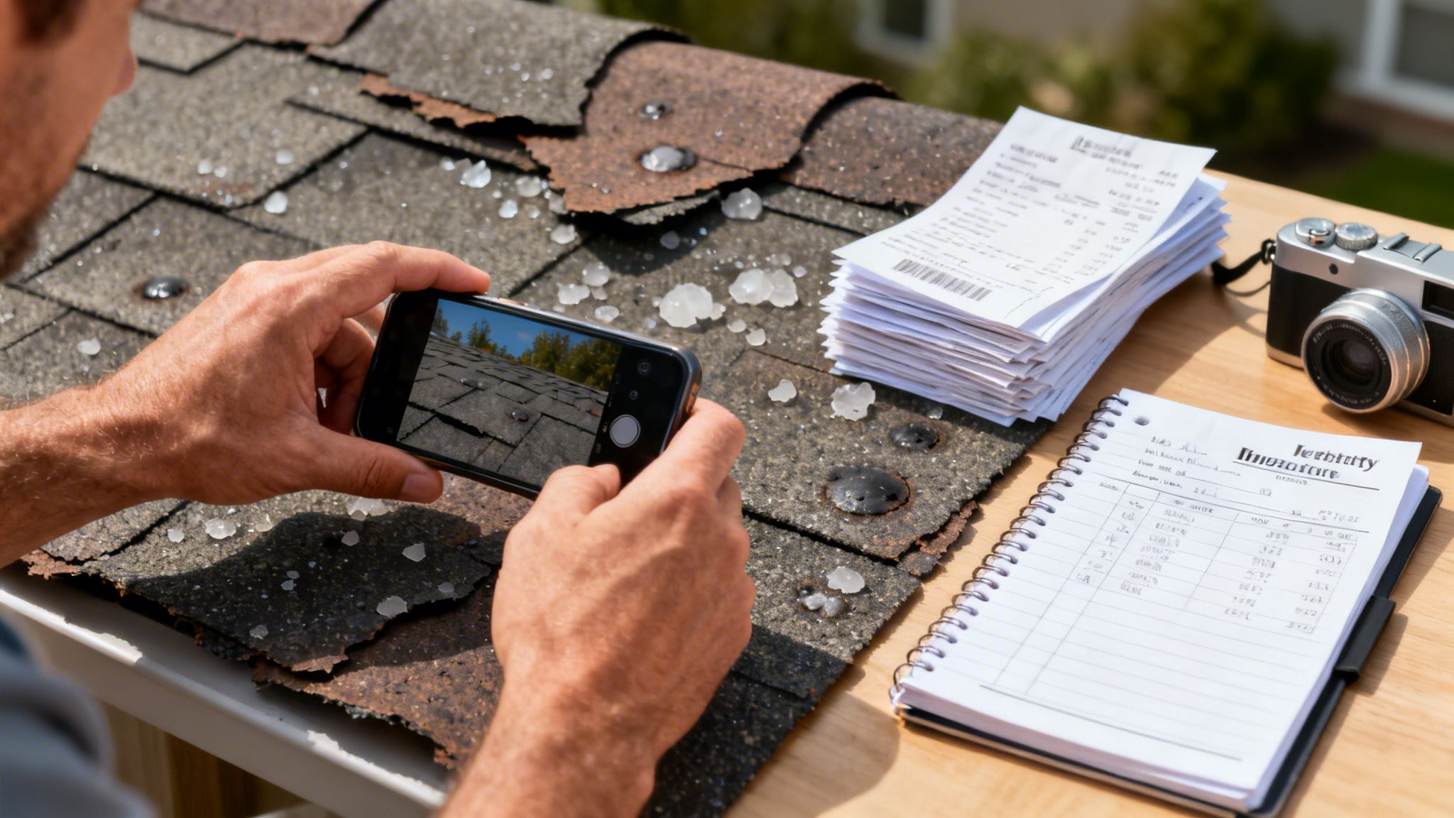 Person takes photo of hail-damaged roof shingles with phone, next to insurance papers.
