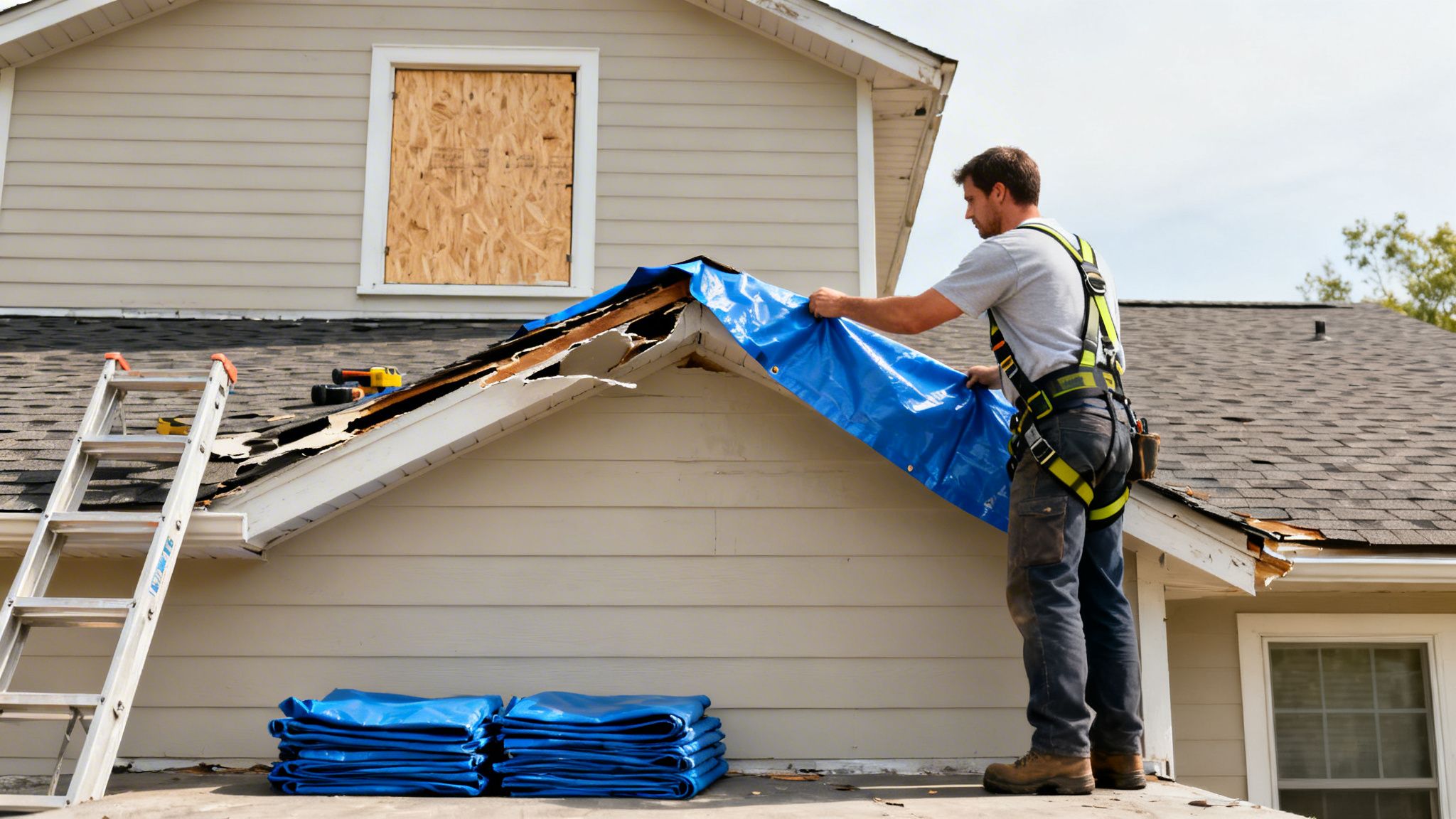 A roofer covers a damaged house roof with a blue tarp after a storm.