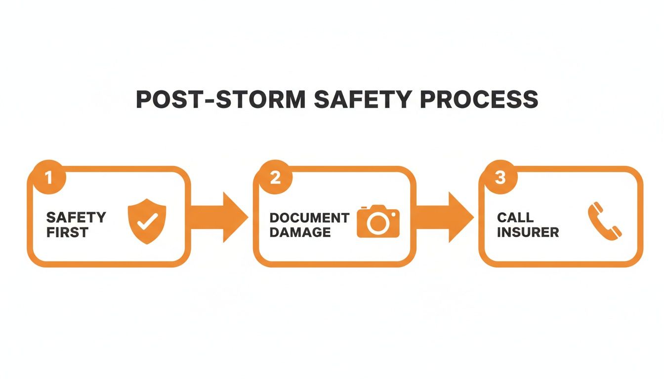 Infographic showing a 3-step post-storm safety process: safety first, document damage, and call insurer.
