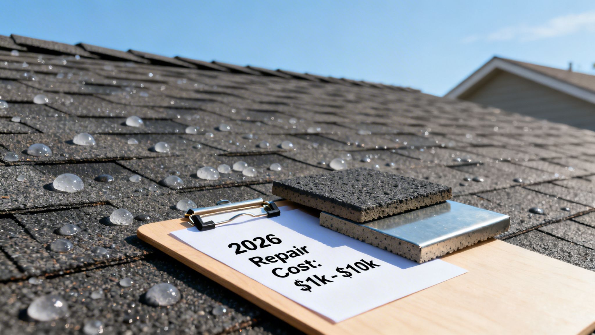Close-up of a shingle roof with simulated hail damage and a clipboard detailing 2026 repair costs.