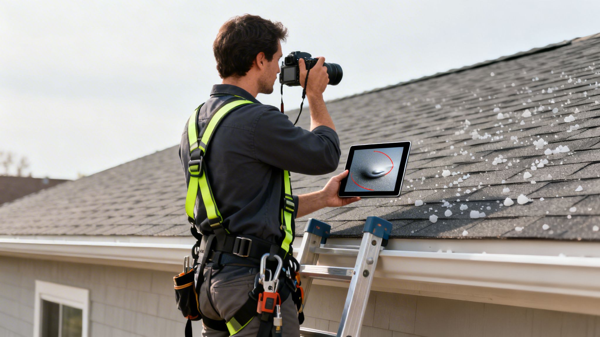 Inspector with camera and tablet documenting hail damage on a residential roof.