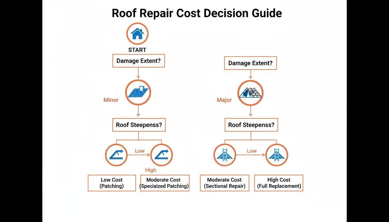 A flowchart guides through roof repair costs based on damage extent and roof steepness.