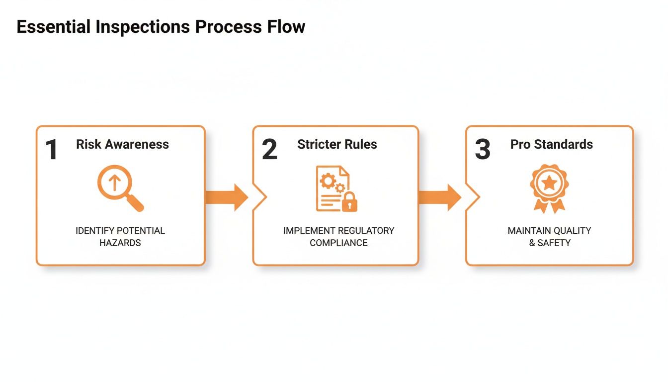 A three-step process flow for essential inspections, covering risk awareness, stricter rules, and professional standards.