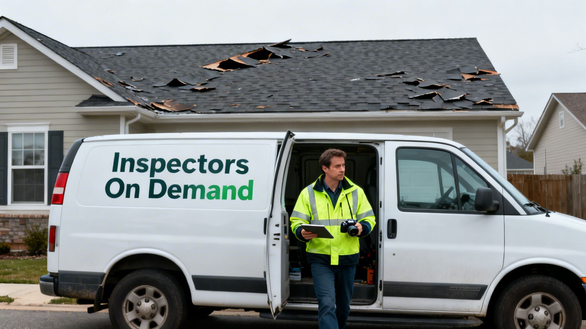 Man exits 'Inspectors On Demand' van with tablet and camera to inspect a house with a damaged roof.
