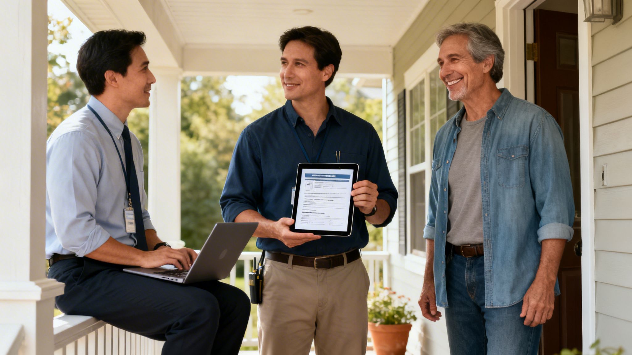 Service professionals discuss a digital report on a tablet with a homeowner on a home's porch.