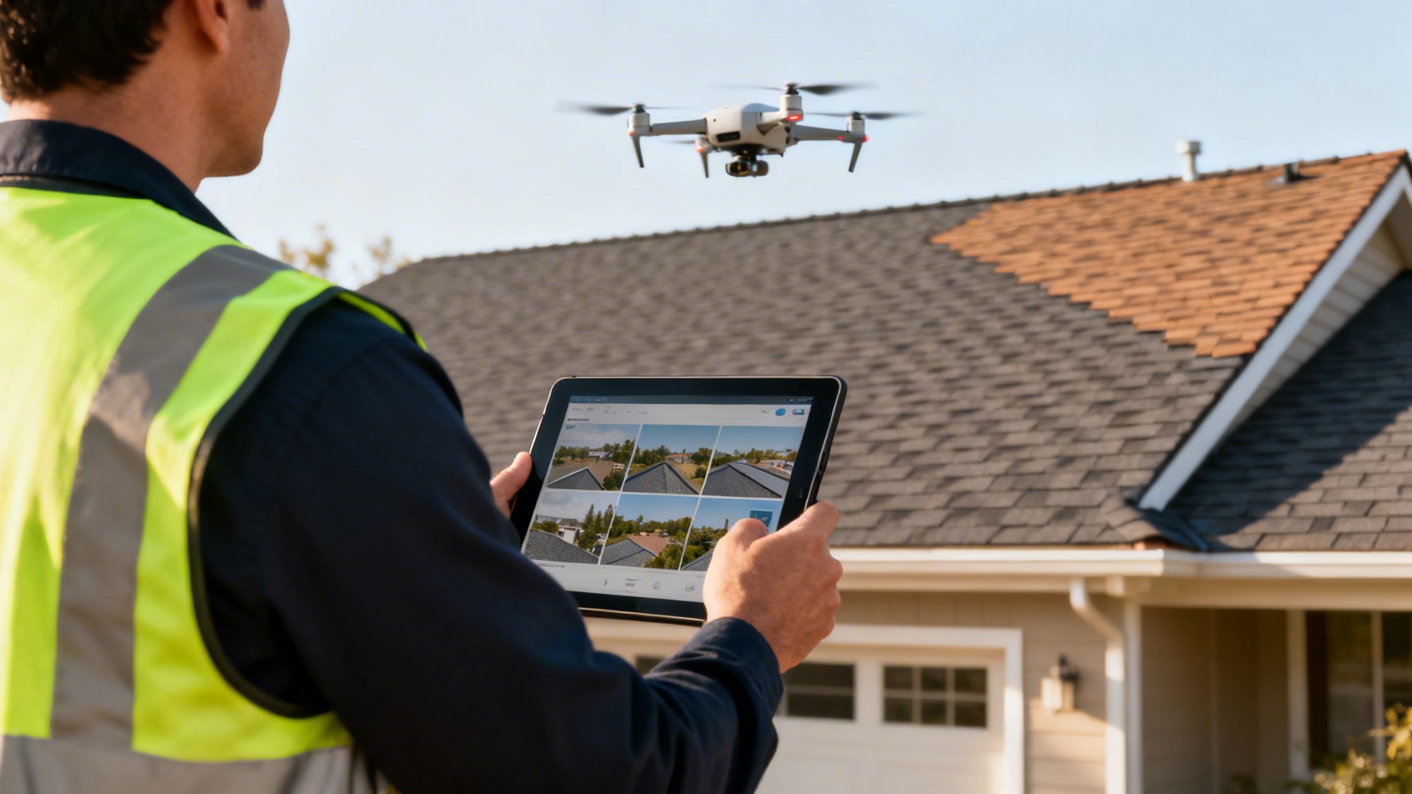 A person in a safety vest controls a drone with a tablet to inspect a house roof.