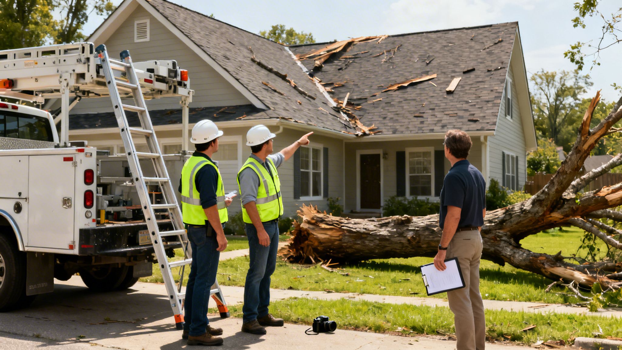 Three men, two in hard hats, inspect a house with a damaged roof and a fallen tree.