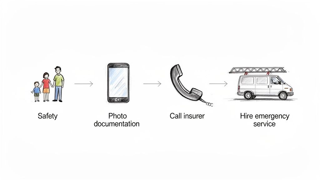 A four-step process: ensuring family safety, documenting with a phone, calling an insurer, and hiring emergency services.
