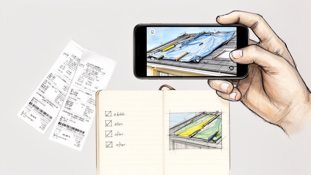 Illustrated hand holding a smartphone showing a tarp-covered roof, with a notebook and receipts.