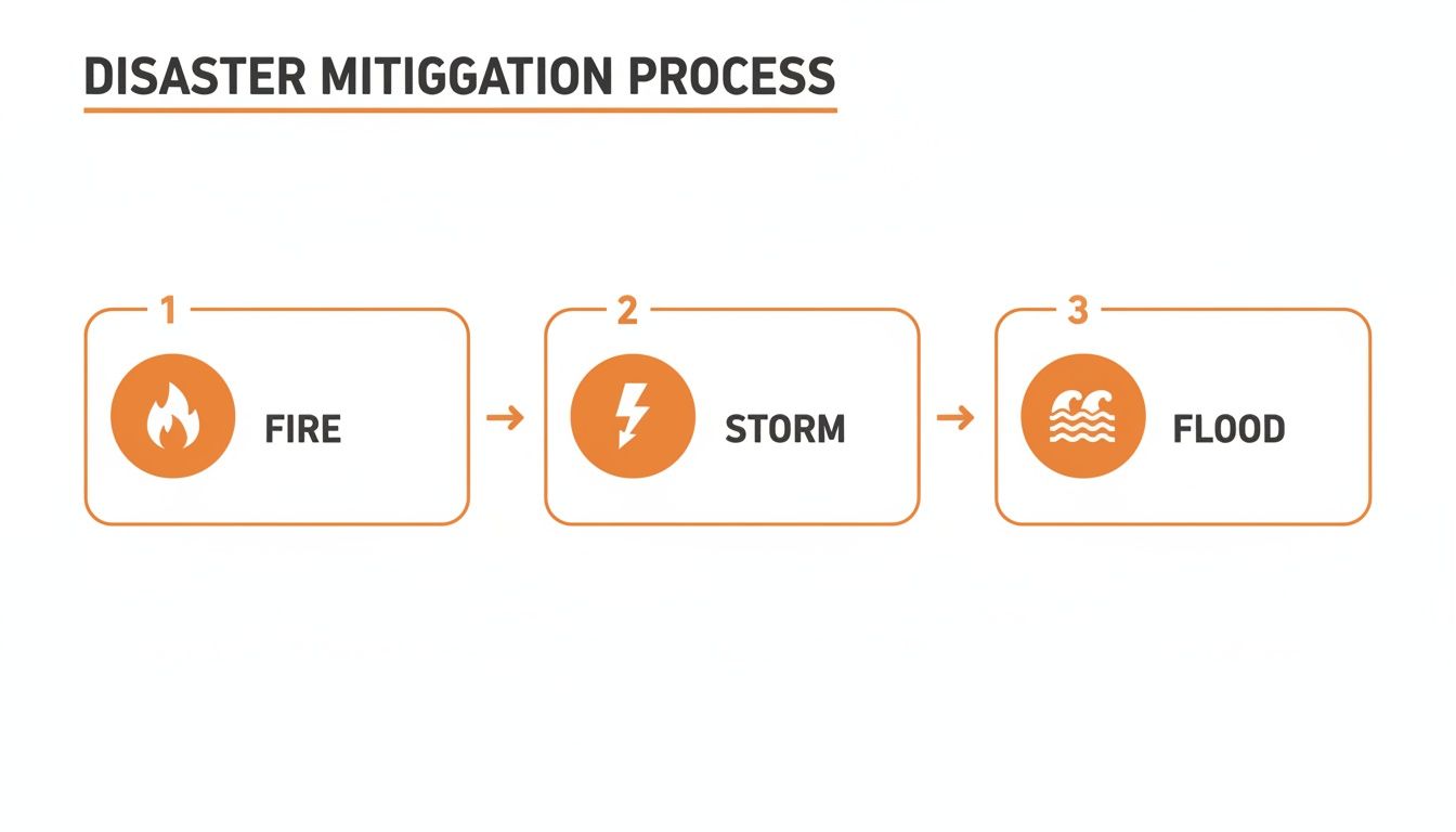 Diagram illustrating the disaster mitigation process with sequential steps for fire, storm, and flood.