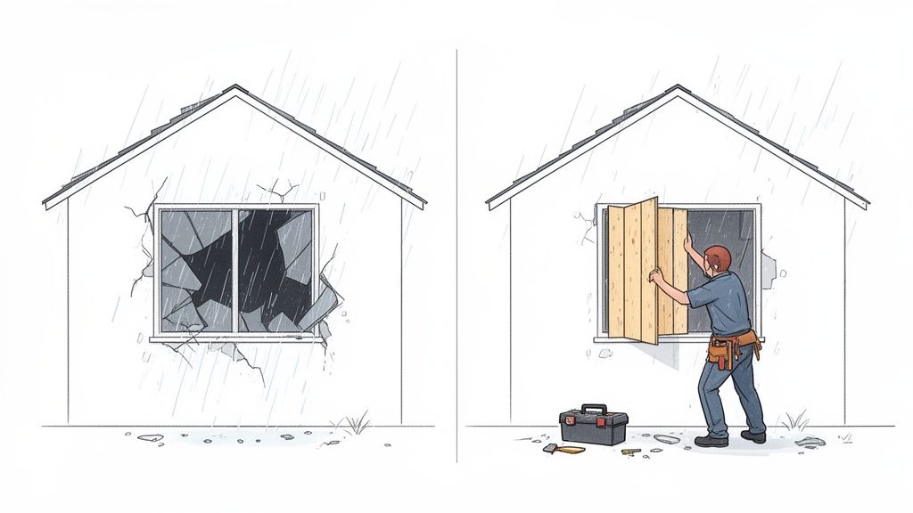 A house with a broken window during a rainstorm, and a man repairing it by boarding up the glass.