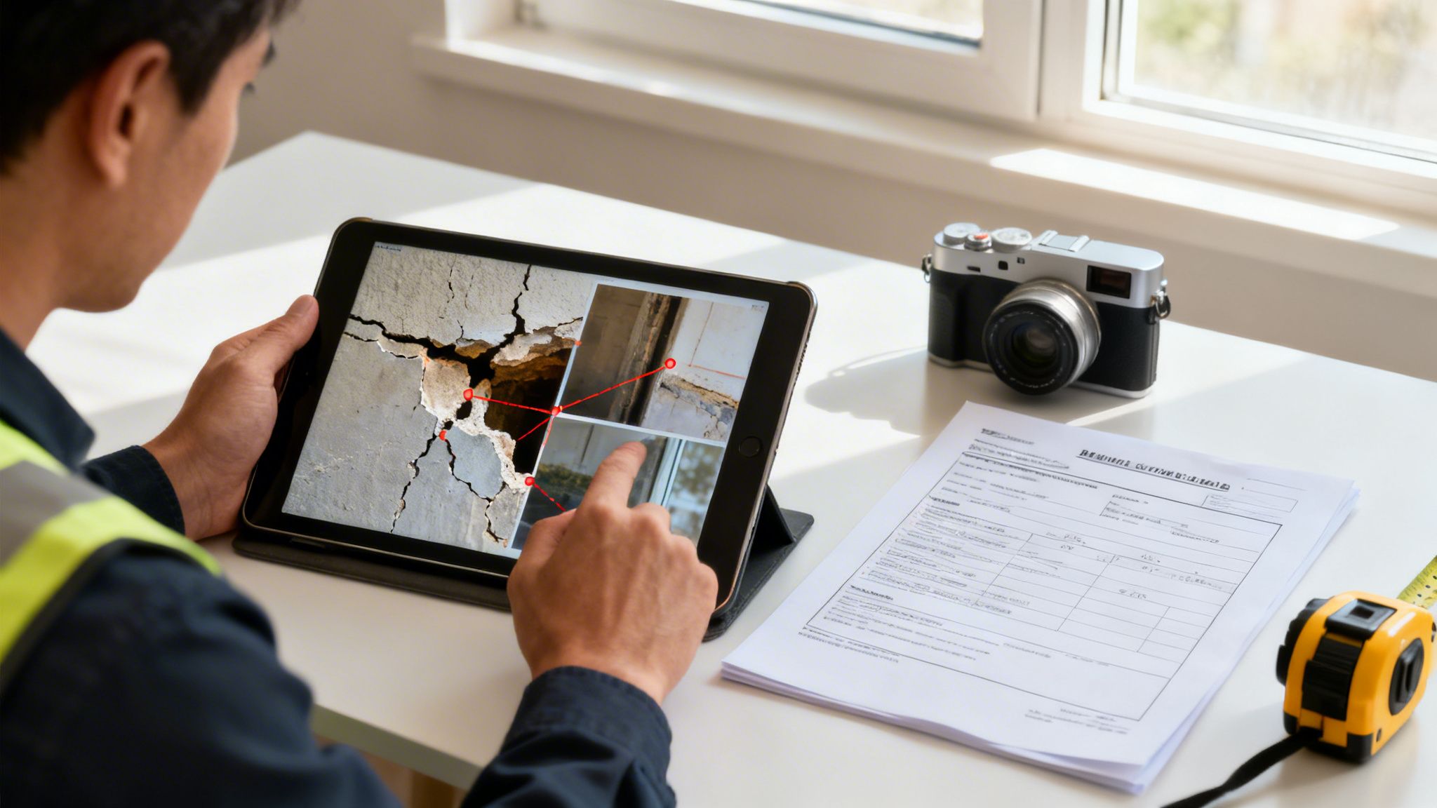 A person in a safety vest reviews wall cracks and damage on a tablet, with tools and documents on the desk.