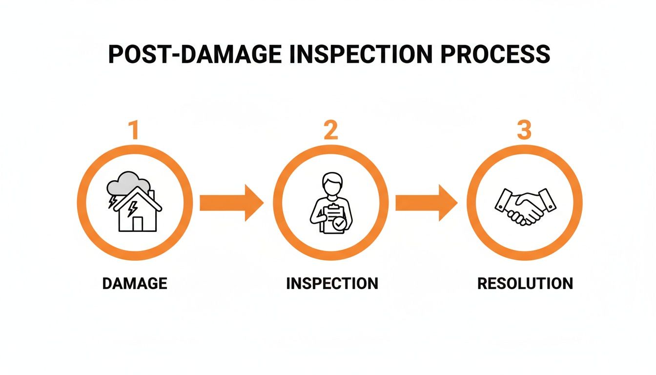 Flowchart illustrating the post-damage inspection process: damage, inspection, and resolution steps.