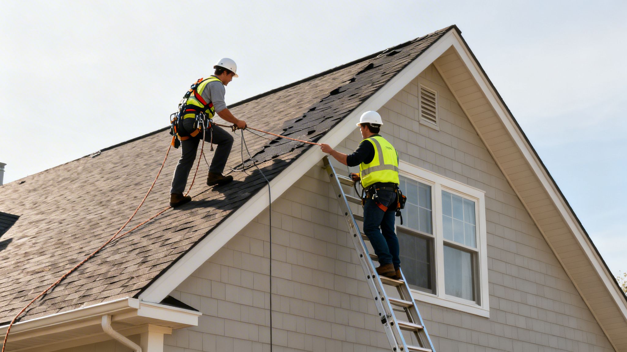 Two construction workers with safety gear inspecting a residential roof, one on a ladder.