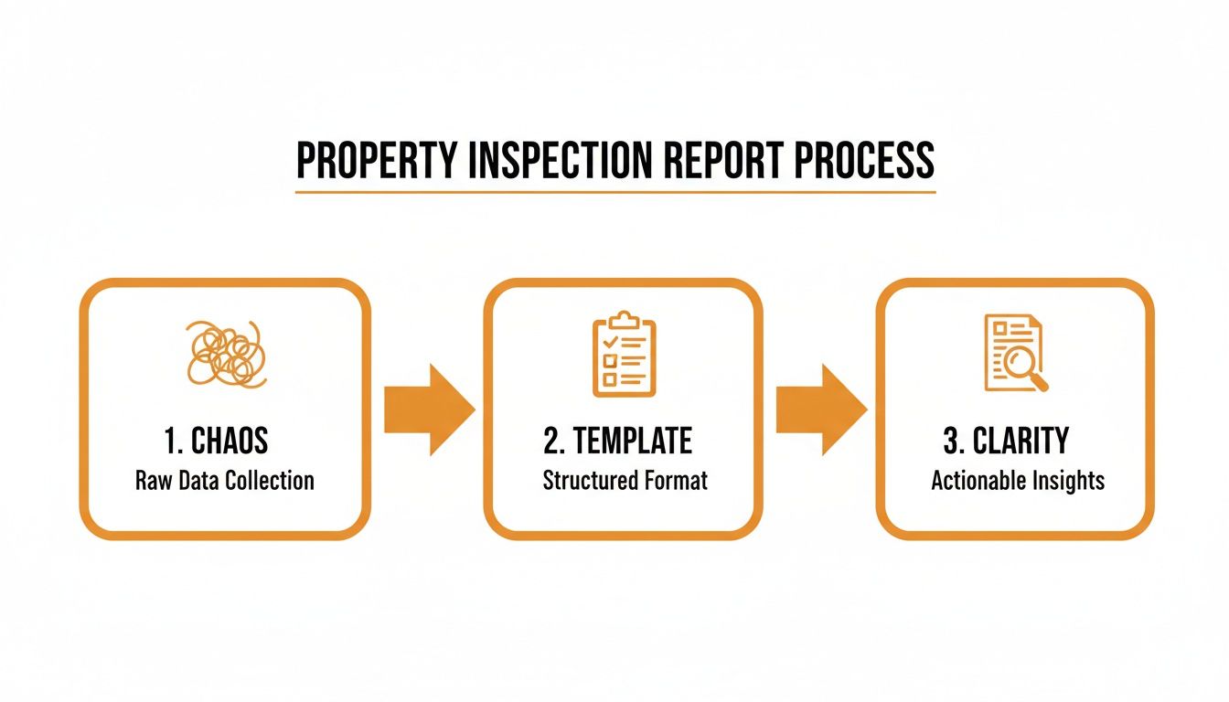 Diagram illustrating the property inspection report process from raw data (chaos) to actionable insights (clarity).
