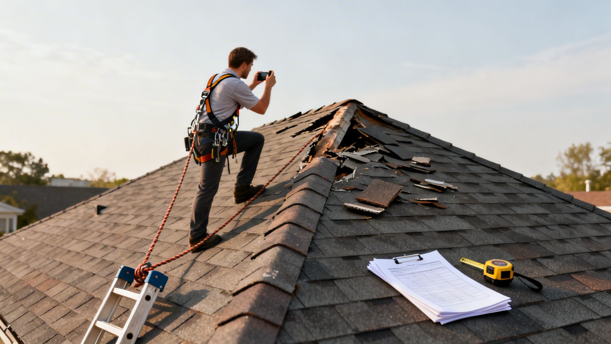 A man in safety harness inspects a damaged shingle roof, taking pictures for a report.