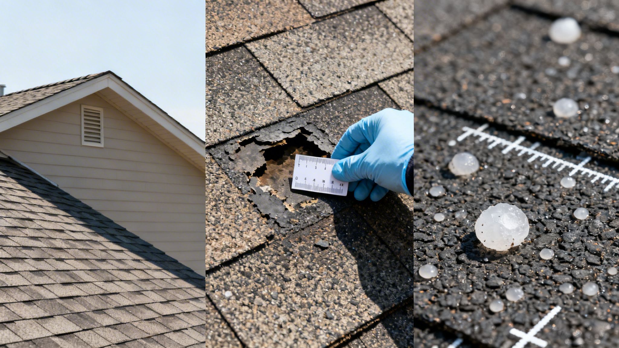 A house roof with visible damage, a gloved hand measuring a shingle, and hailstones for scale.