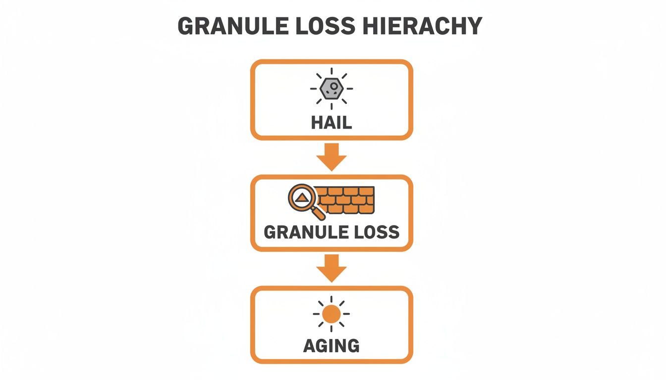 A diagram illustrating the Granule Loss Hierarchy, showing hail as a cause of granule loss, leading to aging.