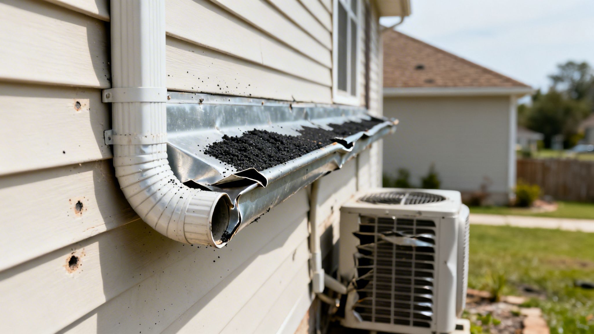 Close-up of a damaged metal gutter filled with black roof granules, with a white downspout and siding showing holes.