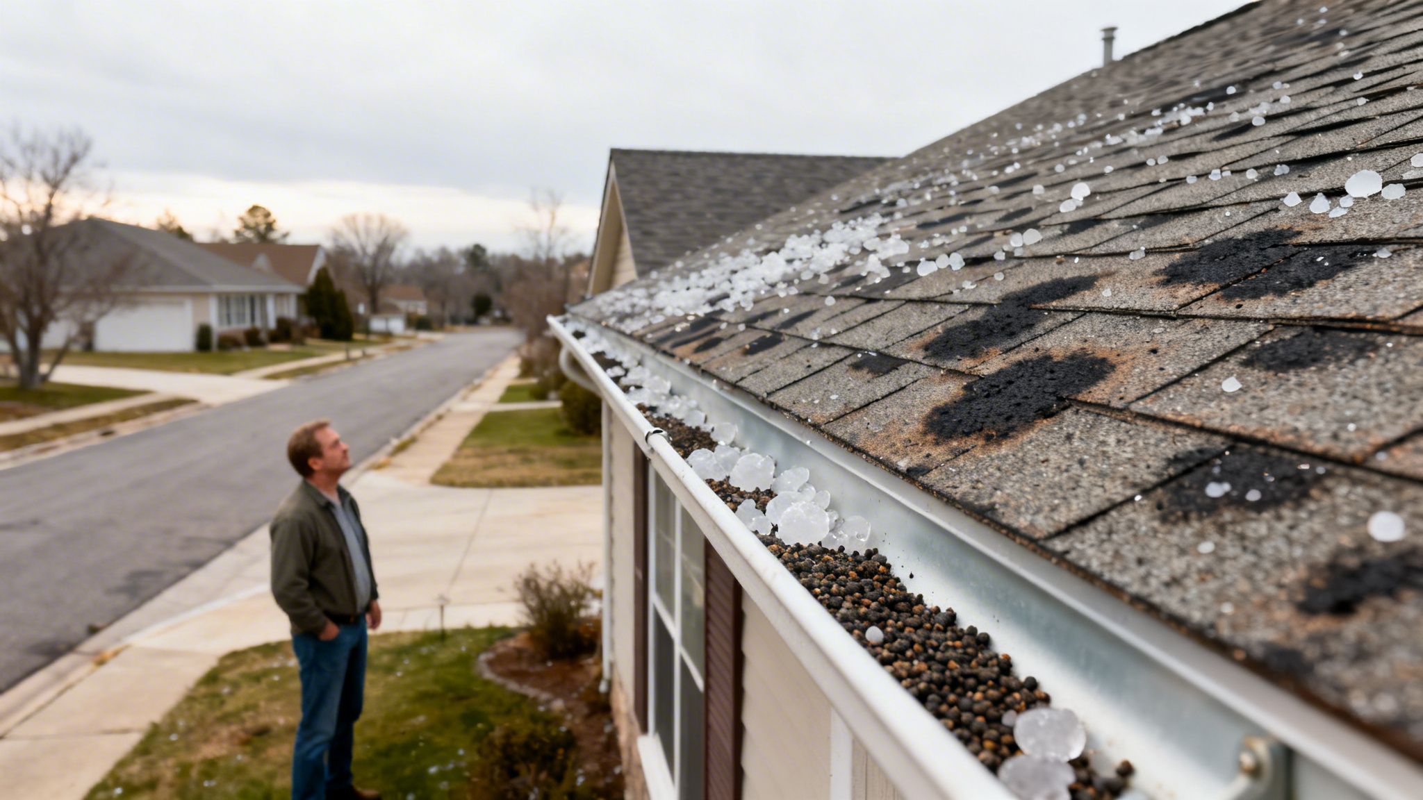 A man inspecting a house roof and gutter with visible hail damage and dislodged granules.