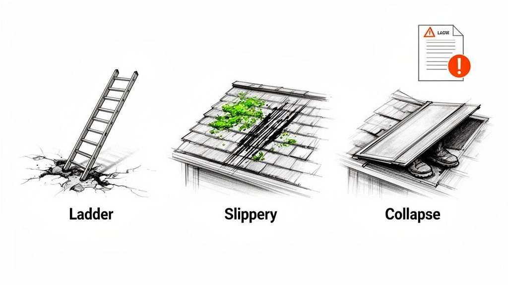 Illustrations of roof work hazards: unstable ladder, slippery mossy roof, and a worker falling through a collapsed roof.