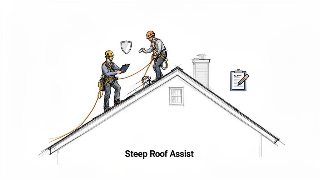 Two workers in safety gear on a steep roof, one inspecting with a clipboard, illustrating roof assist.