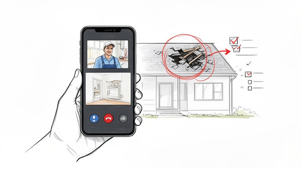 Smartphone video call showing a worker, virtually assessing a sketched house with a damaged roof and checklist.