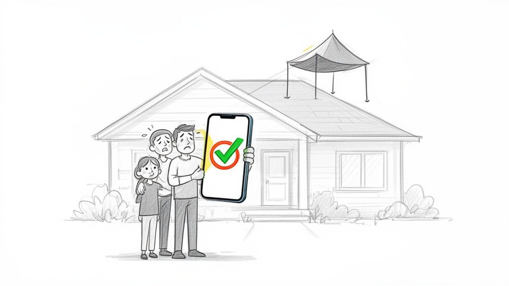 A worried family stands in front of their house with a damaged roof, holding a phone showing a green checkmark.