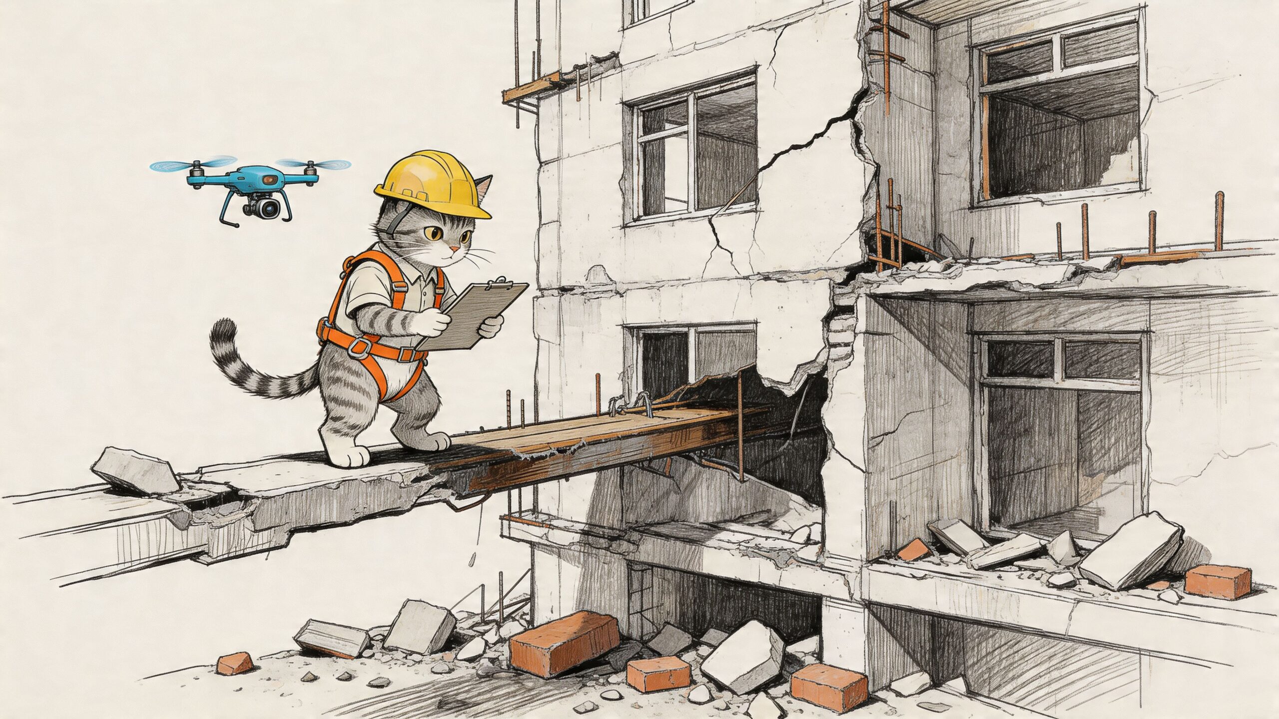 A cute cartoon cat wearing a hard hat and safety harness inspecting a damaged building with a drone.