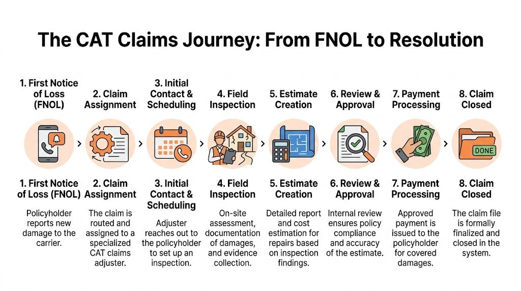 An infographic showing the eight steps of the CAT claims journey from FNOL to claim resolution.