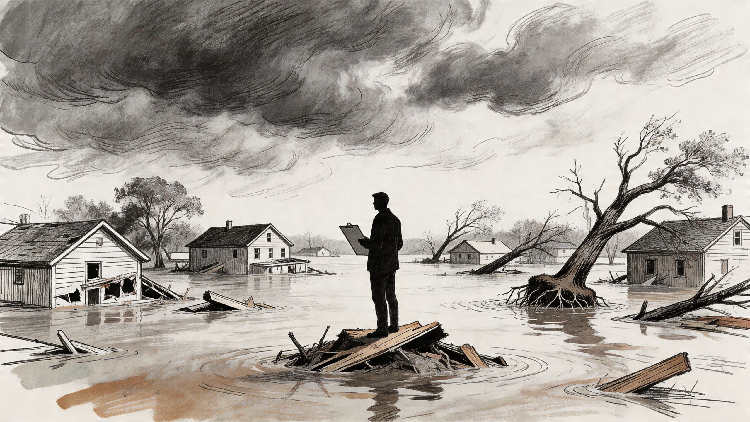 A silhouette of a claims adjuster standing on debris in a flooded landscape inspecting damaged houses.