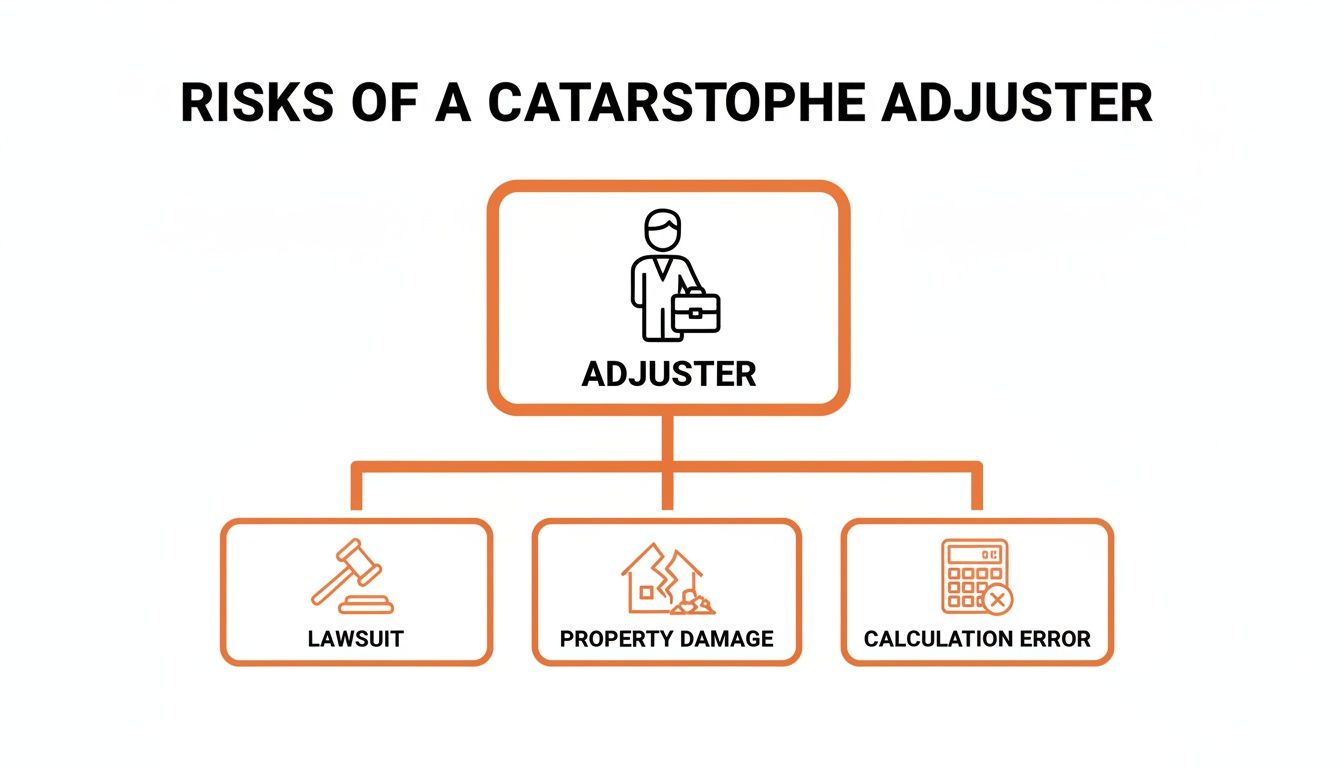Diagram outlining risks for a catastrophe adjuster: lawsuit, property damage, and calculation errors.
