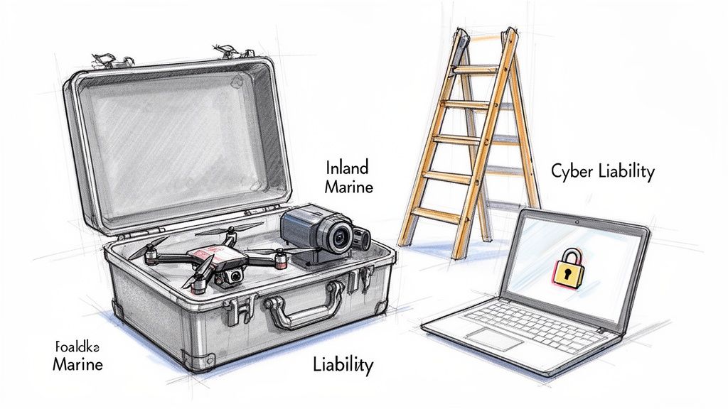 An illustration showing marine, inland marine, liability, and cyber liability insurance concepts.