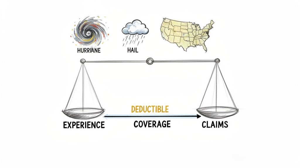 An illustration of a balance scale showing insurance experience, claims, deductible, and coverage, along with natural disaster risks.