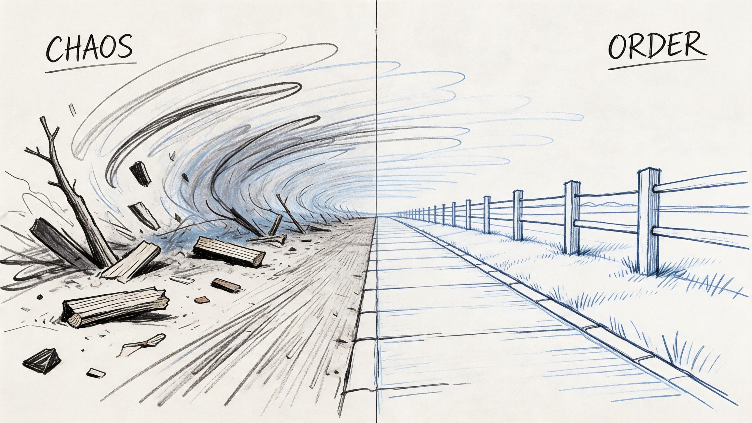 A split illustration comparing a chaotic, storm-damaged landscape on the left with a peaceful, orderly fenced path.