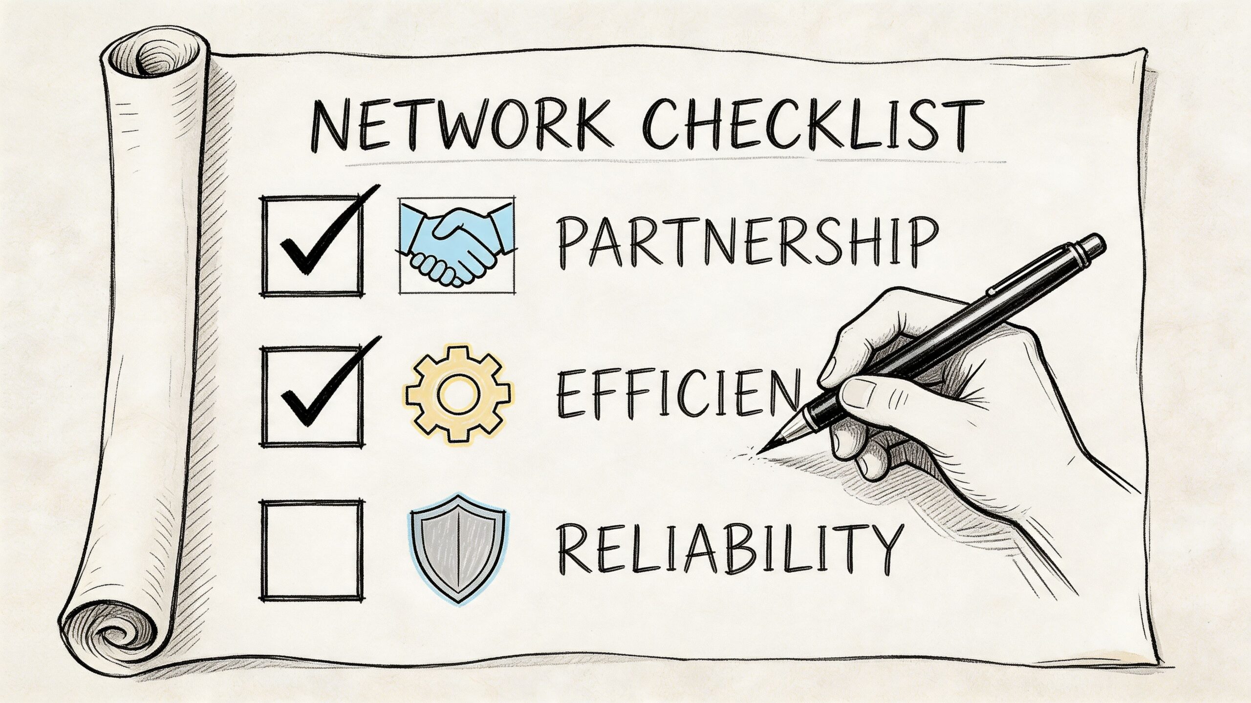A hand filling out a network checklist featuring icons for partnership, efficiency, and reliability on paper.