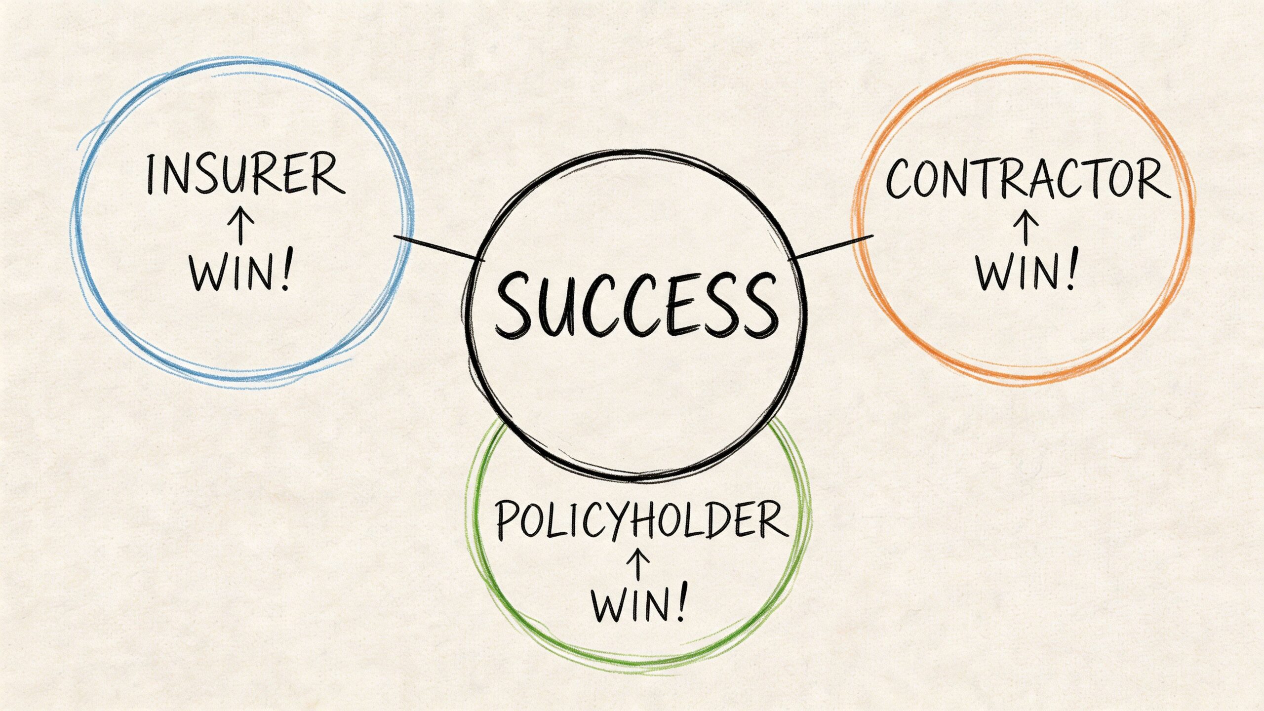 A diagram shows a central success circle connecting to insurer, contractor, and policyholder win categories.