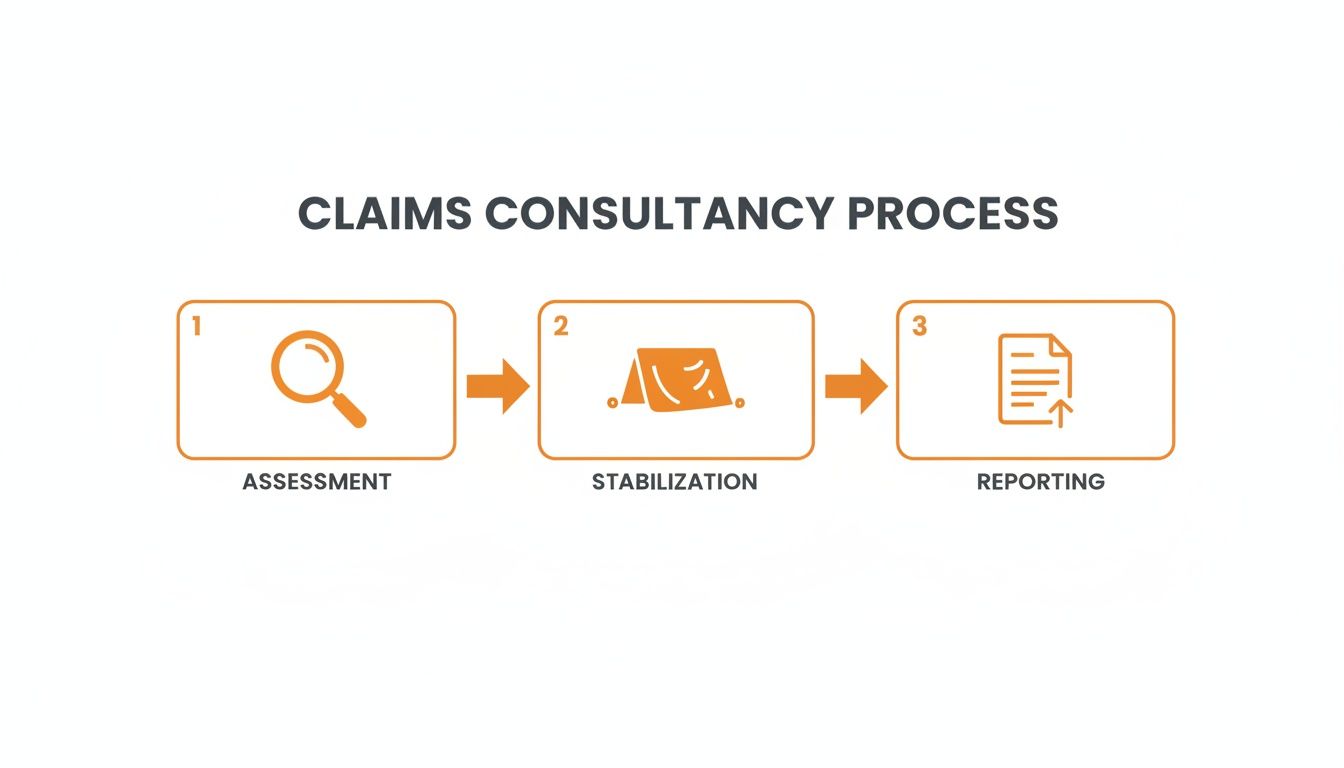 Visual representation of the claims consultancy process, outlining assessment, stabilization, and final reporting phases.