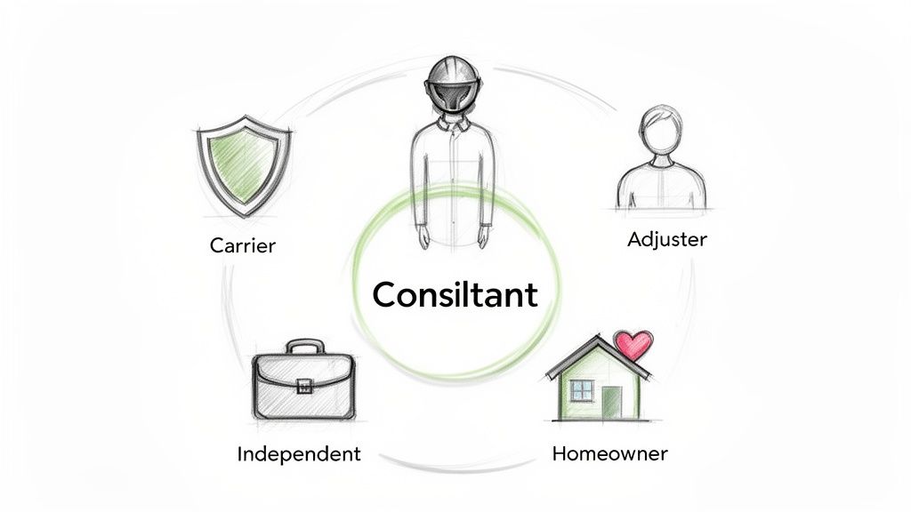 Diagram illustrating a central consultant interacting with carrier, adjuster, homeowner, and independent stakeholders in a circular flow.