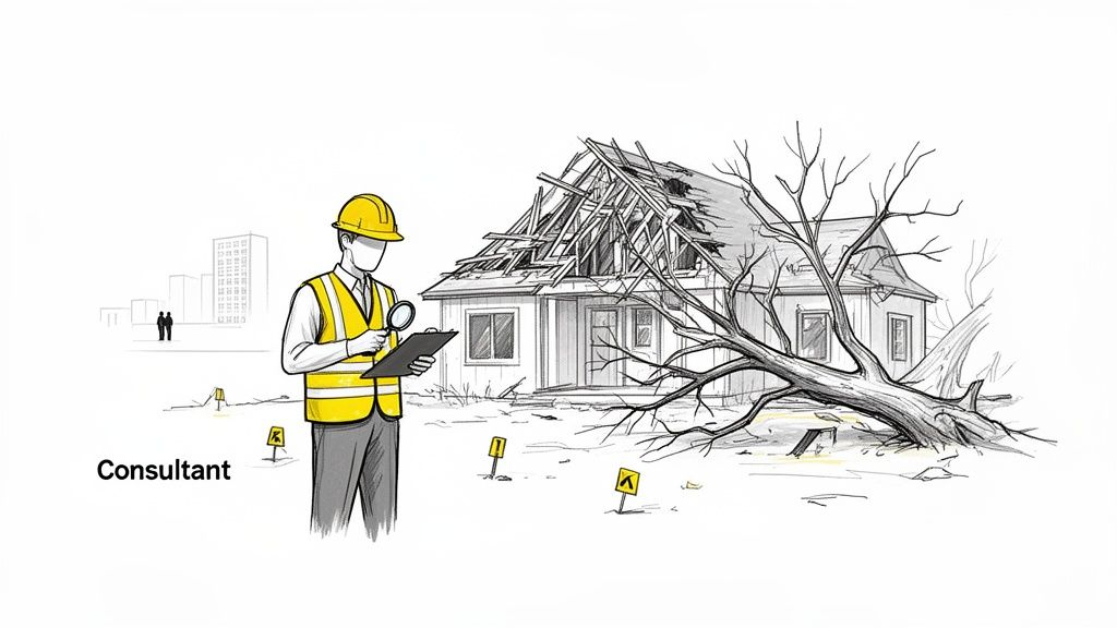 A construction claims consultant inspects a house severely damaged by a fallen tree after a storm.