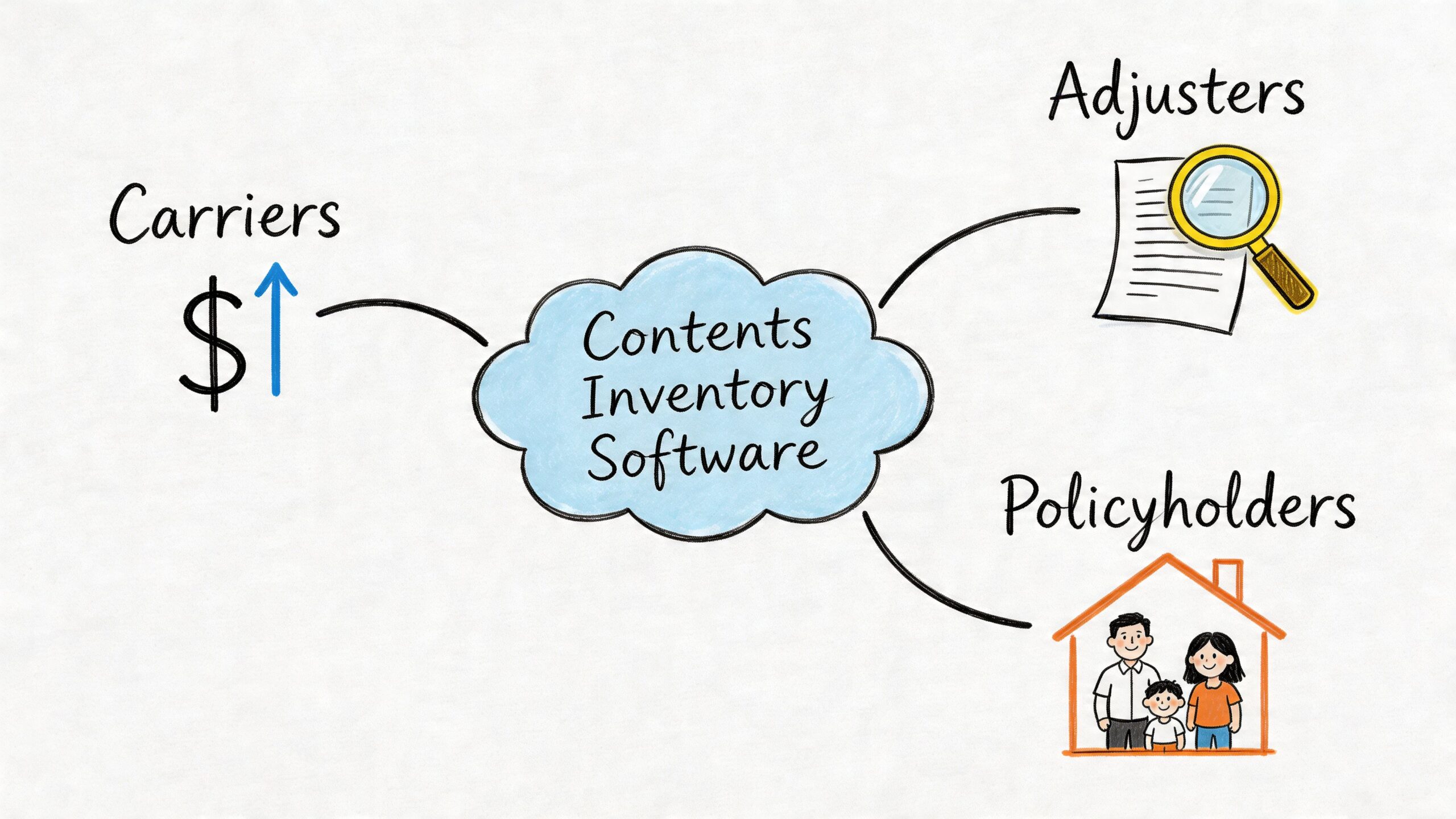 A diagram showing how contents inventory software connects insurance carriers, adjusters, and policyholders together.