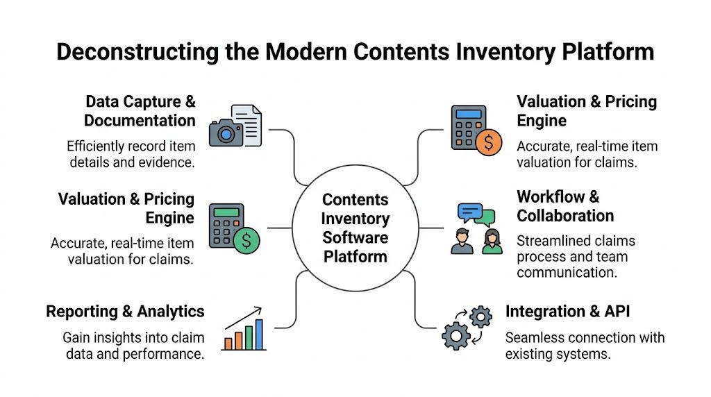 A diagram illustrating the core components and features of a modern contents inventory software platform for claims.