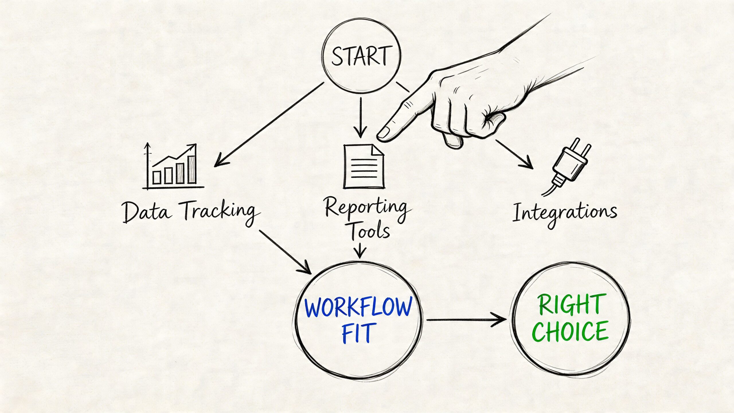A hand-drawn diagram illustrating a workflow process for selecting business software tools for workflow fit.