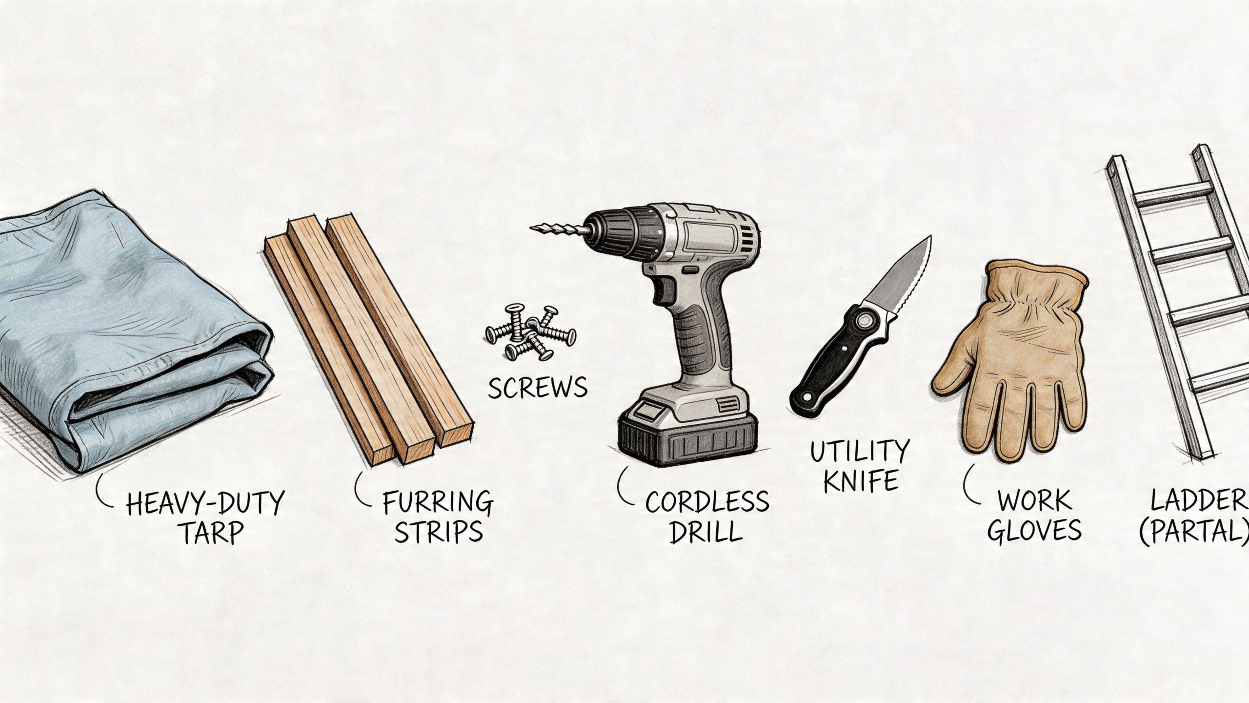 A collection of essential construction tools including a heavy-duty tarp, wood strips, drill, knife, gloves, and ladder.