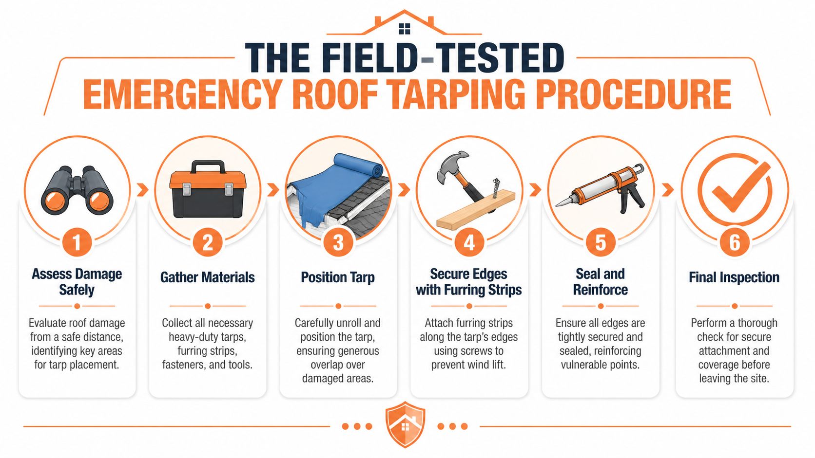 A six-step infographic illustrating the professional procedure for safely applying an emergency roof tarp.